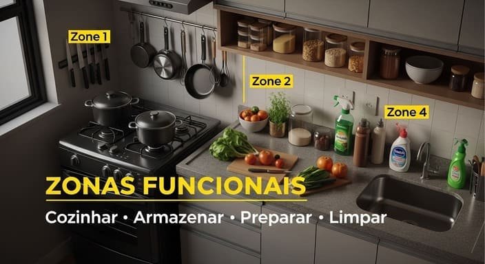 Crie zonas: cozinhar, armazenar, preparar e limpar
