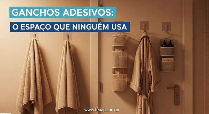 Invista em ganchos adesivos atrás da porta (o espaço que ninguém usa)