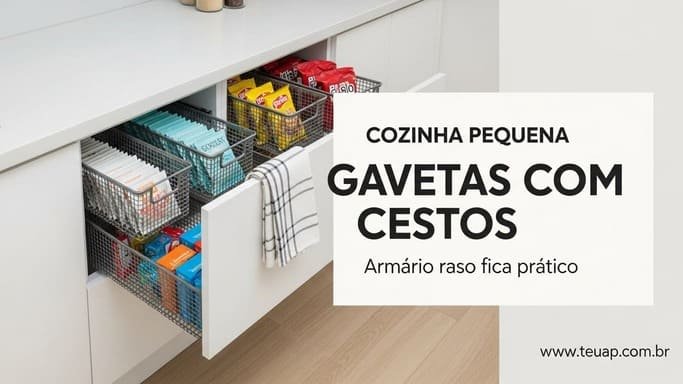Gavetas “falsas” com cestos: armário raso fica funcional