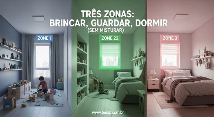 Zonas simples: brincar, guardar, dormir (sem misturar tudo)