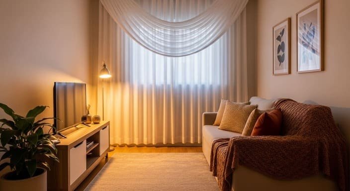 Sala aconchegante com camadas de luz e tecidos leves