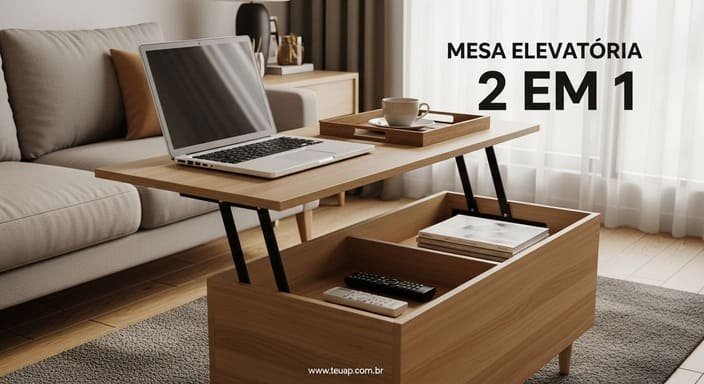 Mesa de centro com tampo elevatório: apoio + baú sem parecer baú