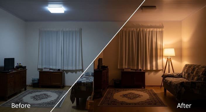 Ambiente de sala mostrando diferença de luz branca fria e luz quente acolhedora, de forma natural e realista.