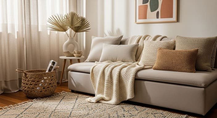 Ambiente com manta, almofadas, tapete e cortina trazendo textura e aconchego para a casa.