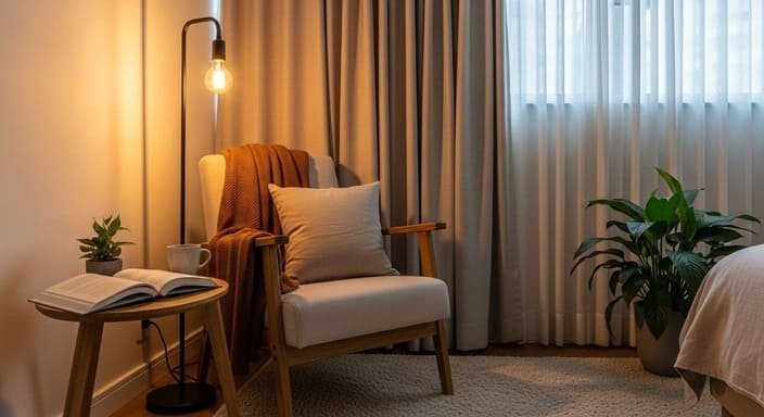 Cantinho de leitura pequeno com poltrona, abajur de luz quente e cortina longa, clima acolhedor.