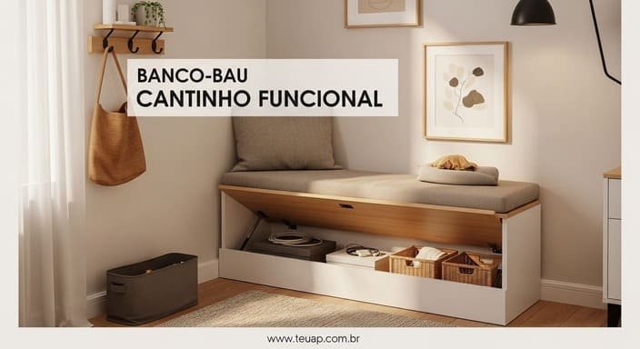 Banco-baú encostado na parede: perfeito para “cantinhos funcionais”