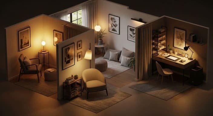 Crie “zonas” dentro do mesmo cômodo (sem parede nenhuma)