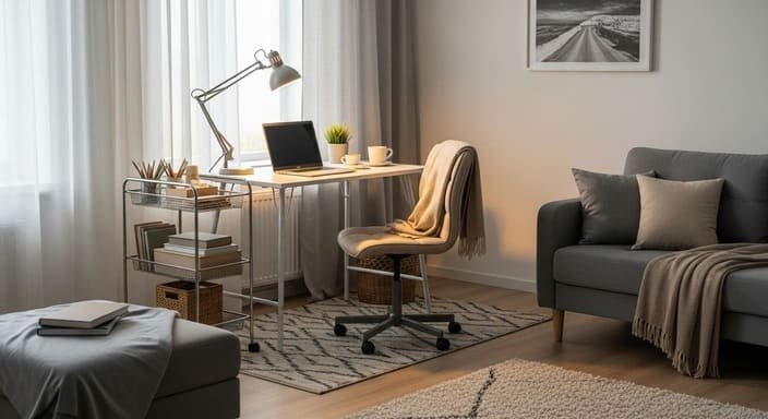 Sala com cantinho de home office delimitado por tapete e iluminação, mantendo aconchego e organização.