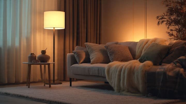 Sala com iluminação indireta quente e clima aconchegante no início da noite