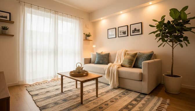 Sala pequena finalizada com iluminação quente, tecidos e detalhes que deixam a casa com cara de lar