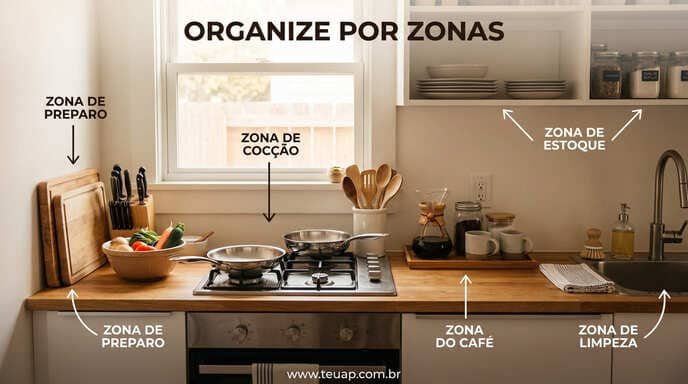Zonas: preparo, cocção, café, limpeza, estoque